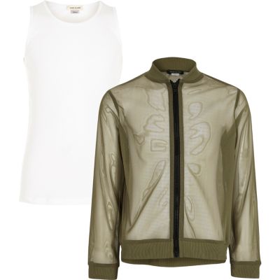 Girls khaki mesh bomber jacket and vest set